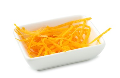 Orange zest in bowl isolated on white