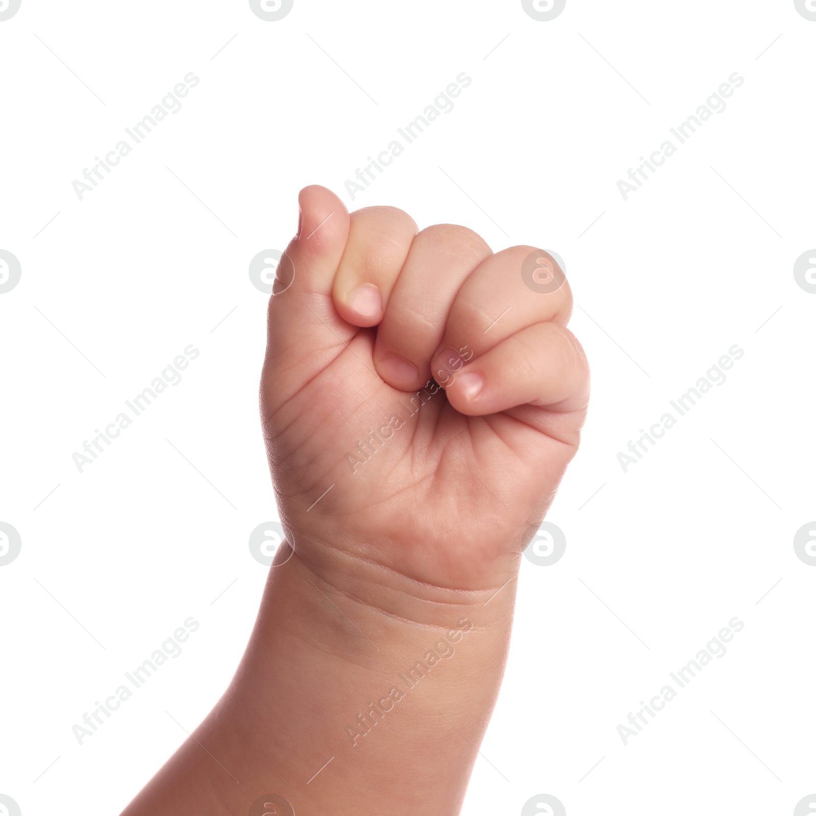 Photo of Little baby on white background, closeup view