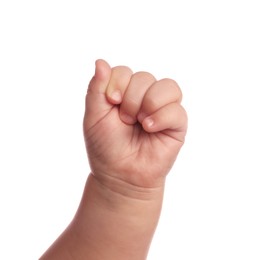 Photo of Little baby on white background, closeup view