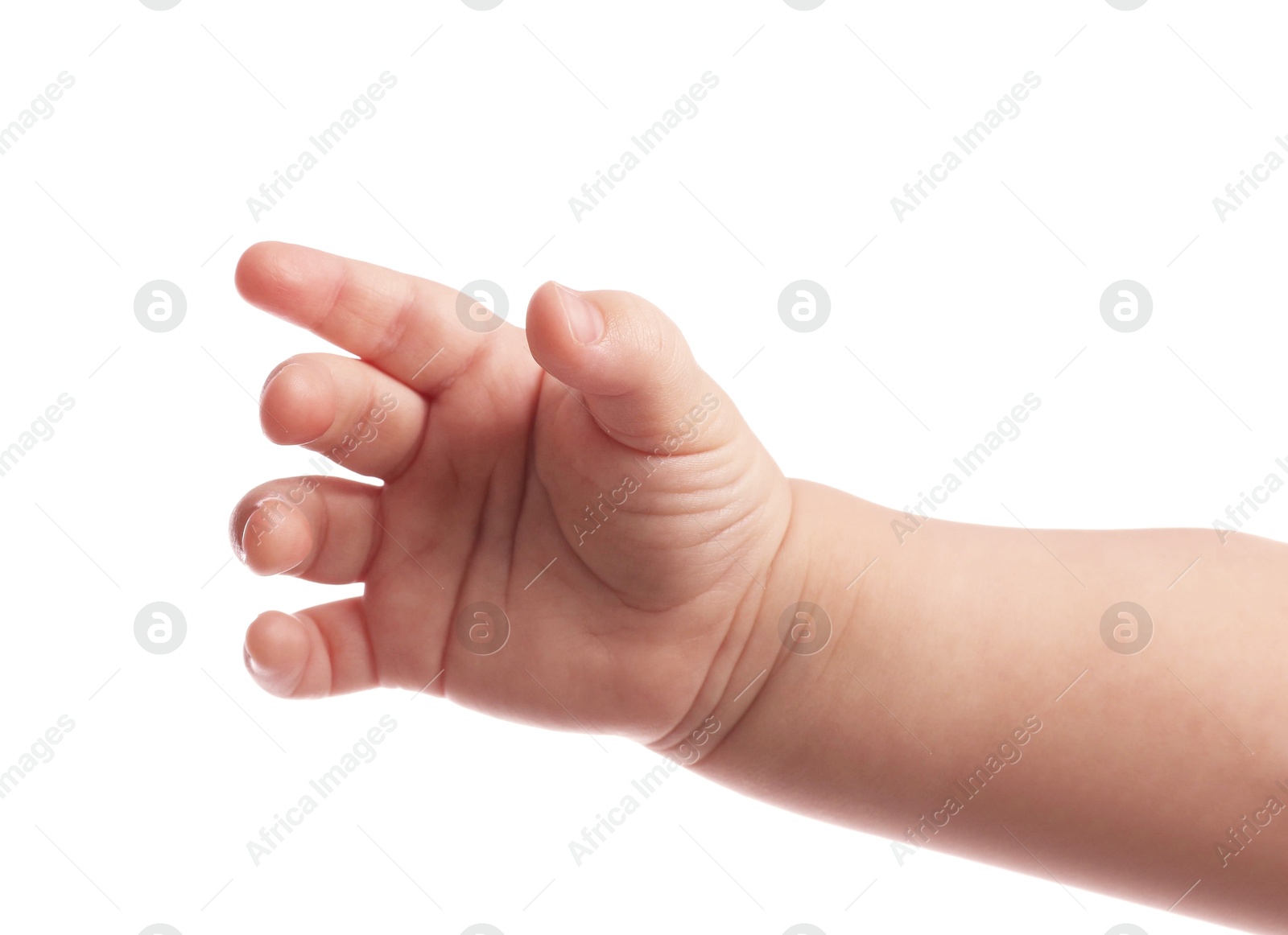 Photo of Little baby on white background, closeup view