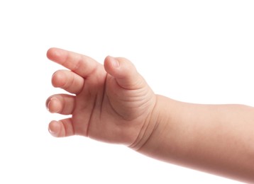 Photo of Little baby on white background, closeup view