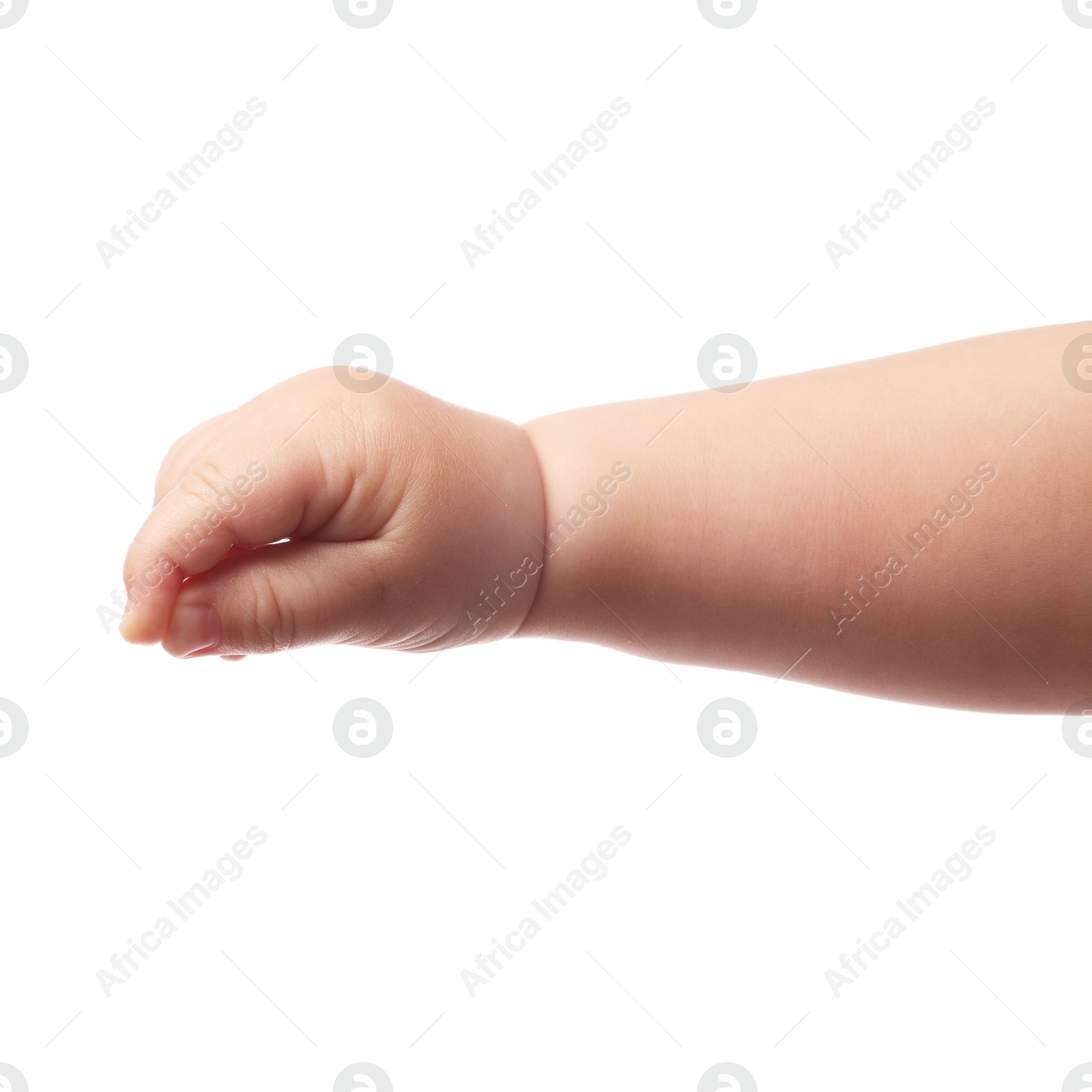 Photo of Little baby on white background, closeup view