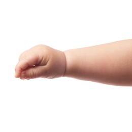 Photo of Little baby on white background, closeup view