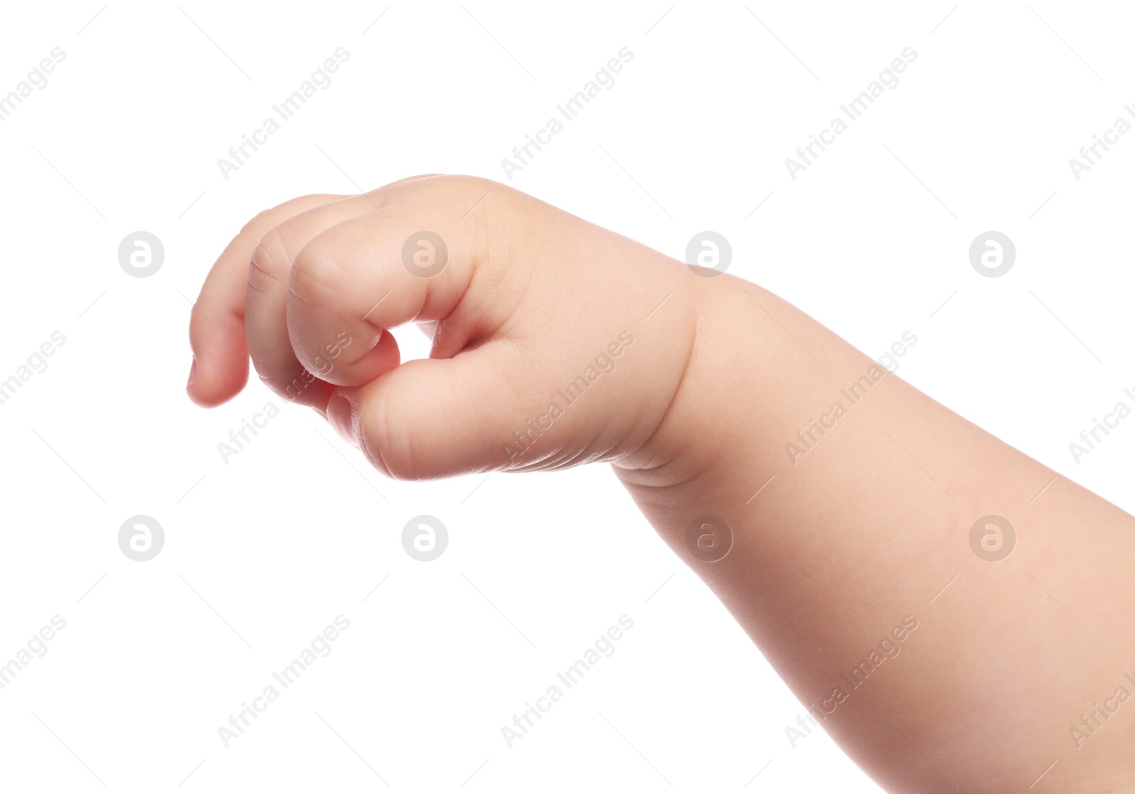 Photo of Little baby on white background, closeup view