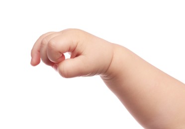 Photo of Little baby on white background, closeup view