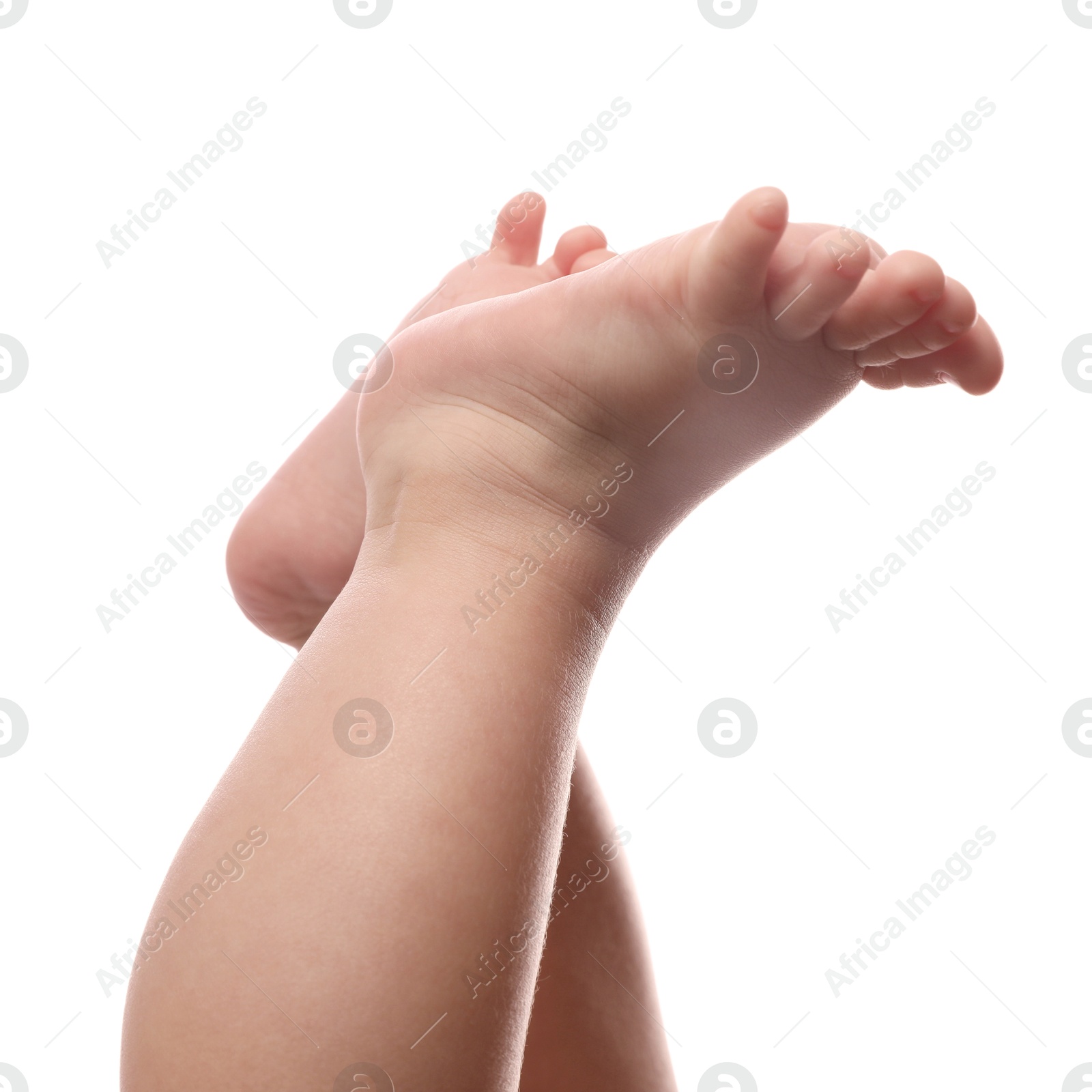 Photo of Little baby on white background, closeup view