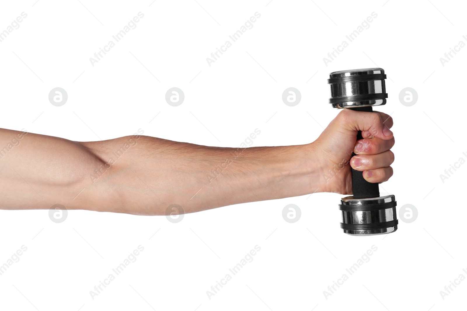 Photo of Man exercising with dumbbell on white background, closeup