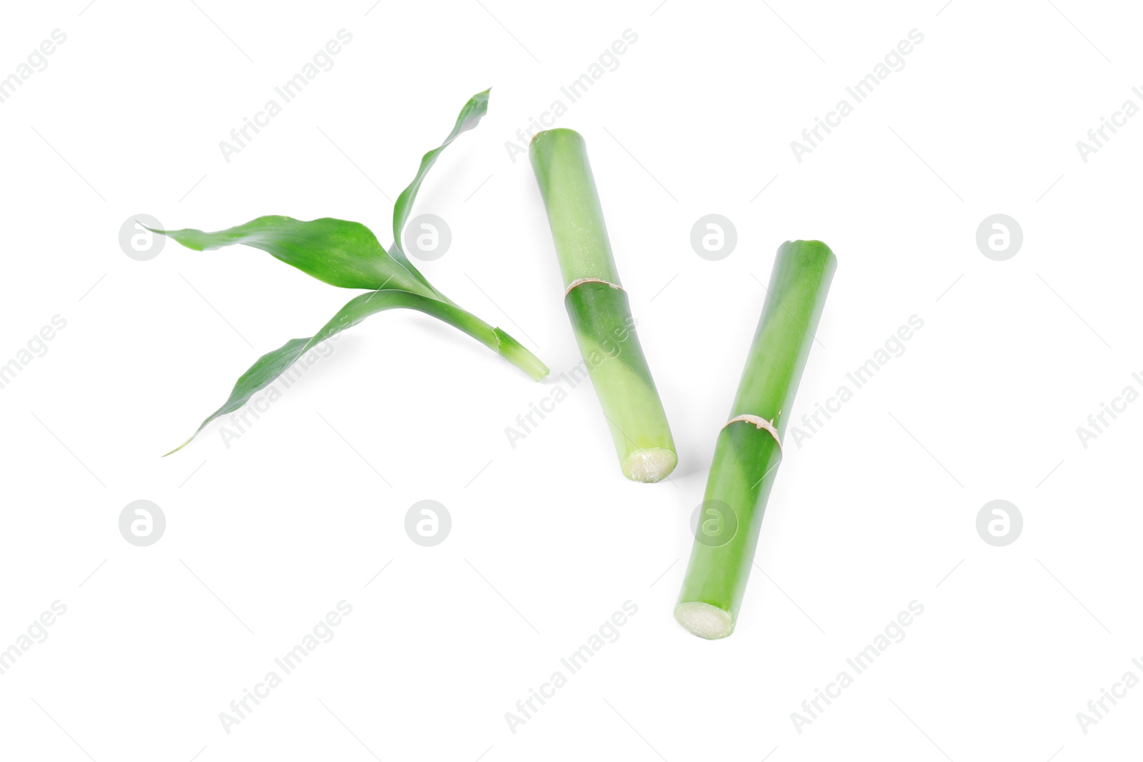 Photo of Pieces of decorative bamboo plant and green leaves isolated on white