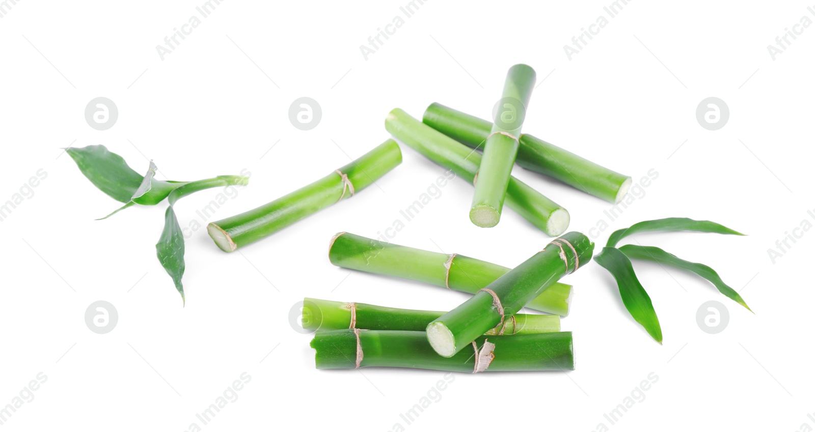 Photo of Pieces of decorative bamboo plant and green leaves isolated on white