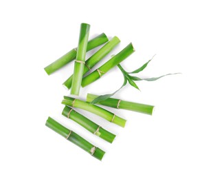 Pieces of decorative bamboo plant and green leaves isolated on white, top view