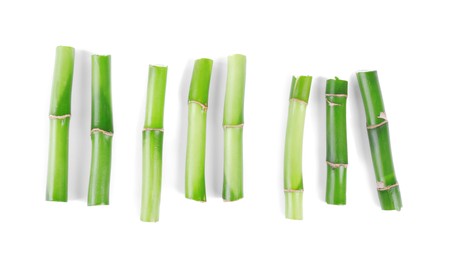 Photo of Pieces of decorative bamboo plant isolated on white, top view