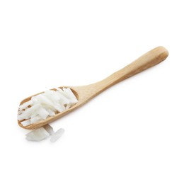 Photo of Soy wax in wooden spoon isolated on white