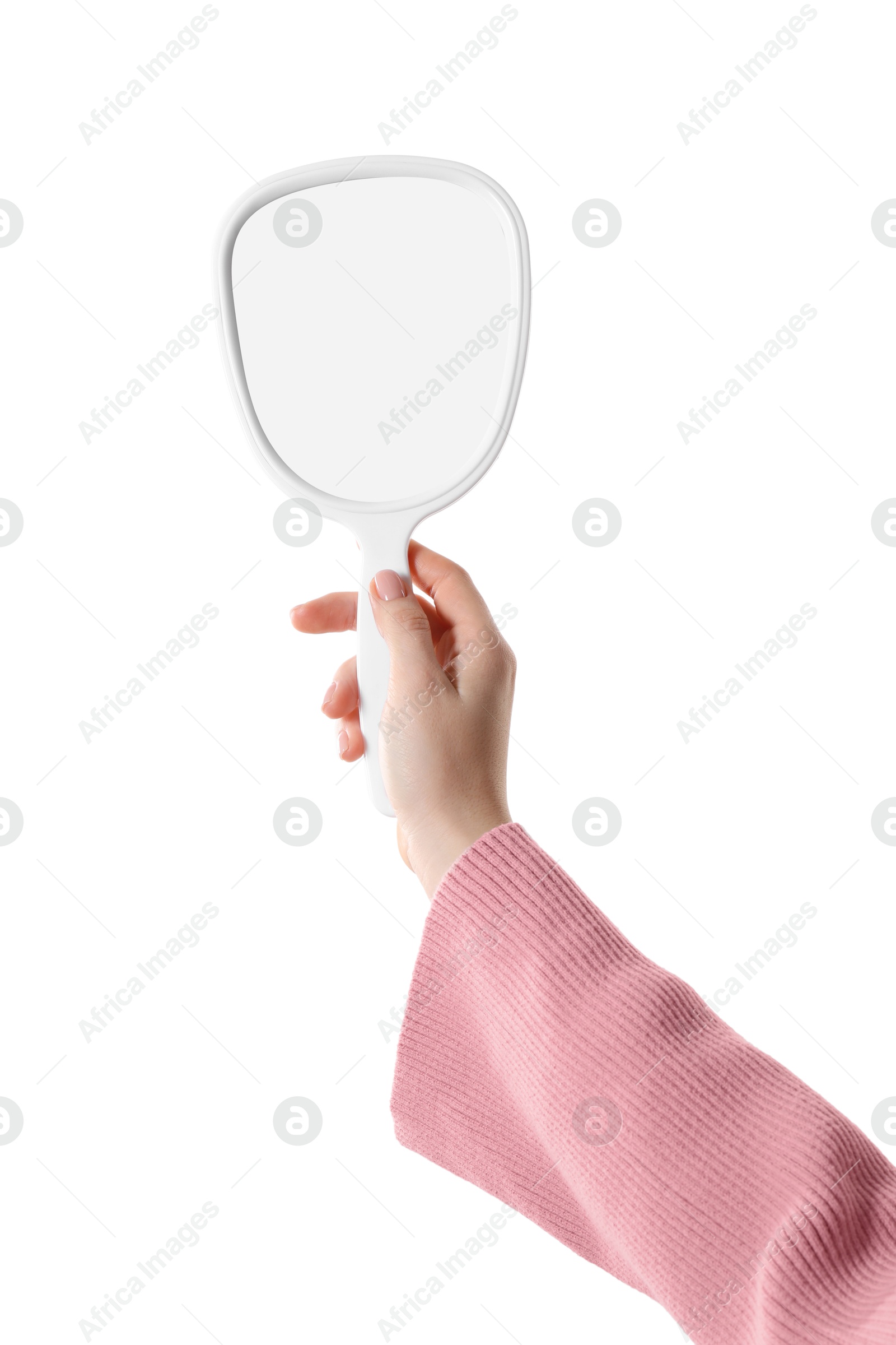 Photo of Woman holding mirror on white background, closeup