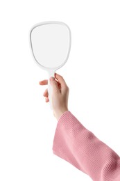 Photo of Woman holding mirror on white background, closeup