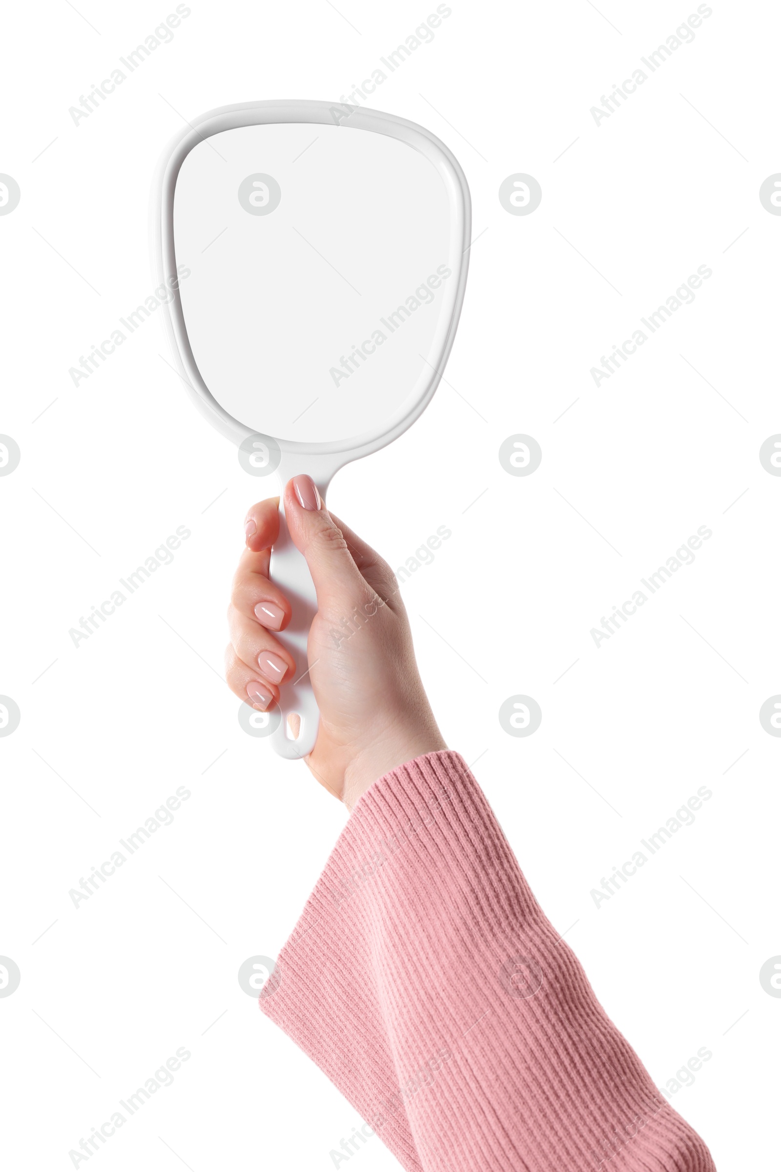 Photo of Woman holding mirror on white background, closeup