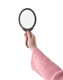 Woman holding vintage mirror on white background, closeup