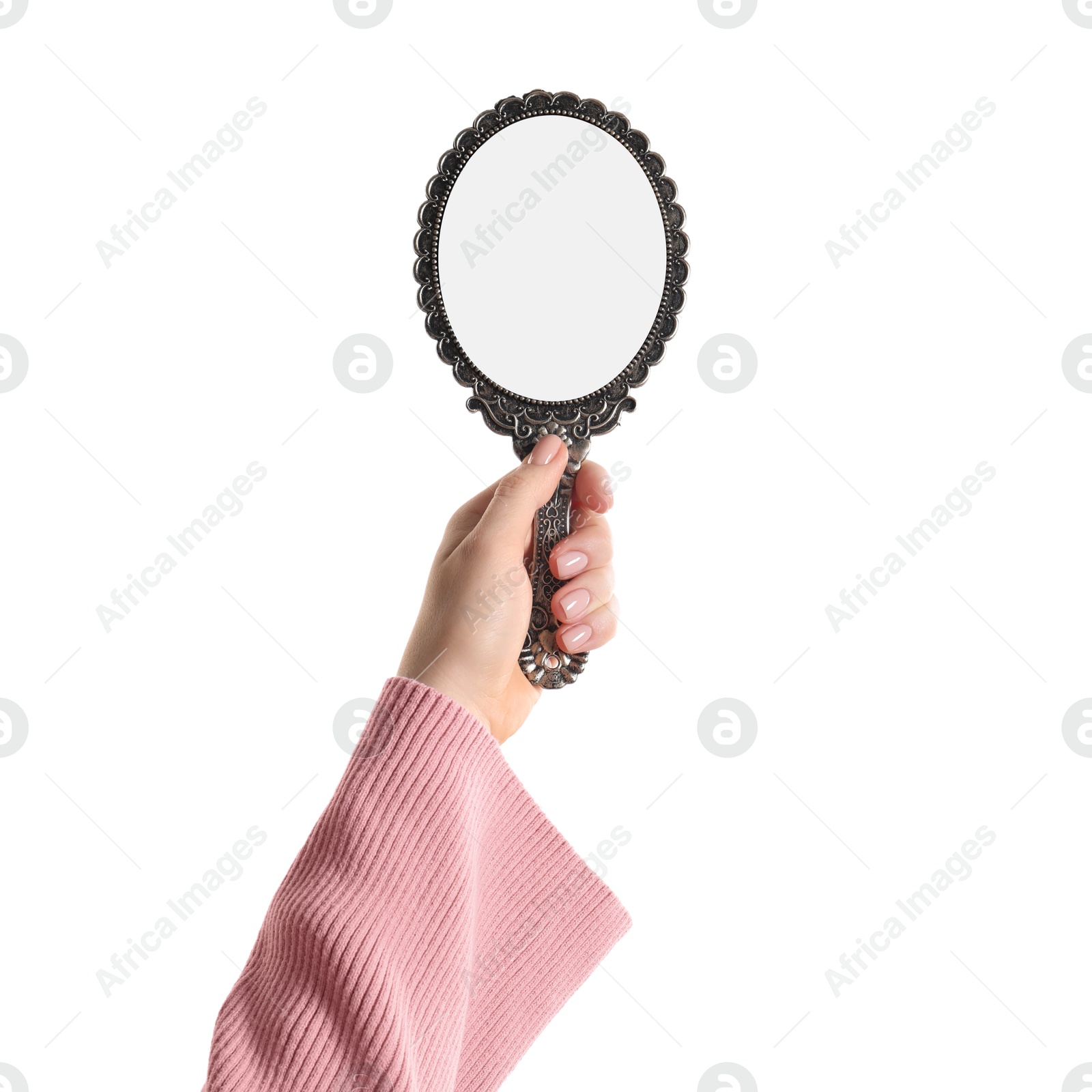 Photo of Woman holding vintage mirror on white background, closeup