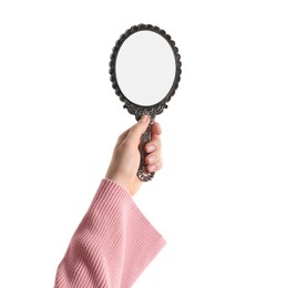 Woman holding vintage mirror on white background, closeup