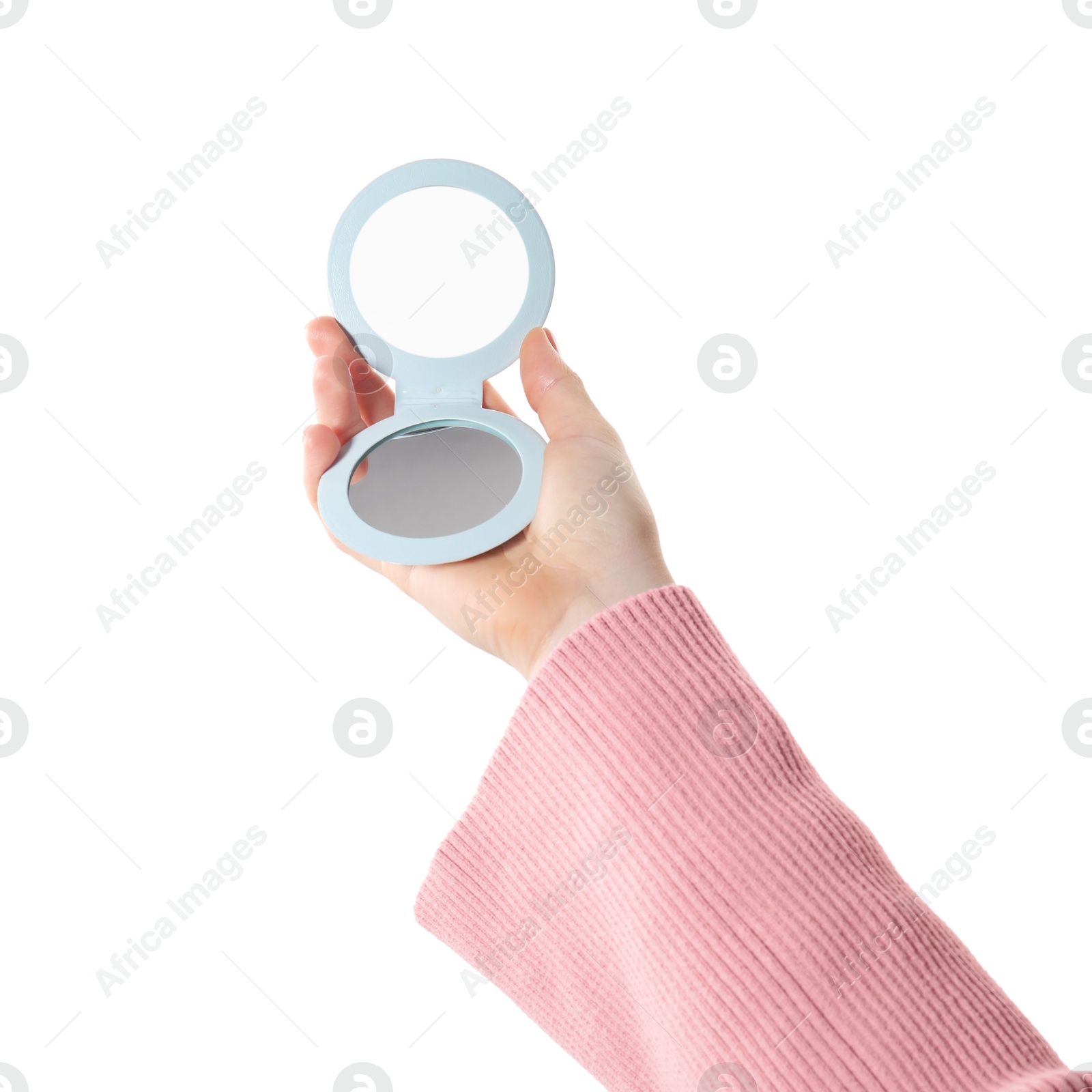 Photo of Woman holding pocket mirror on white background, closeup