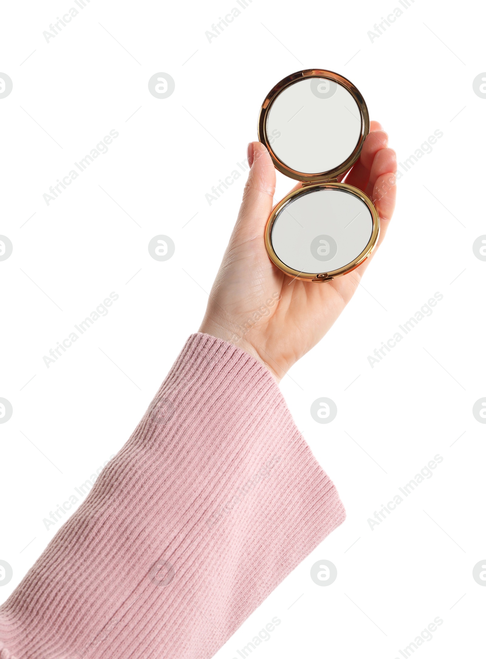 Photo of Woman holding pocket mirror on white background, closeup