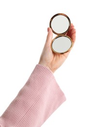 Photo of Woman holding pocket mirror on white background, closeup