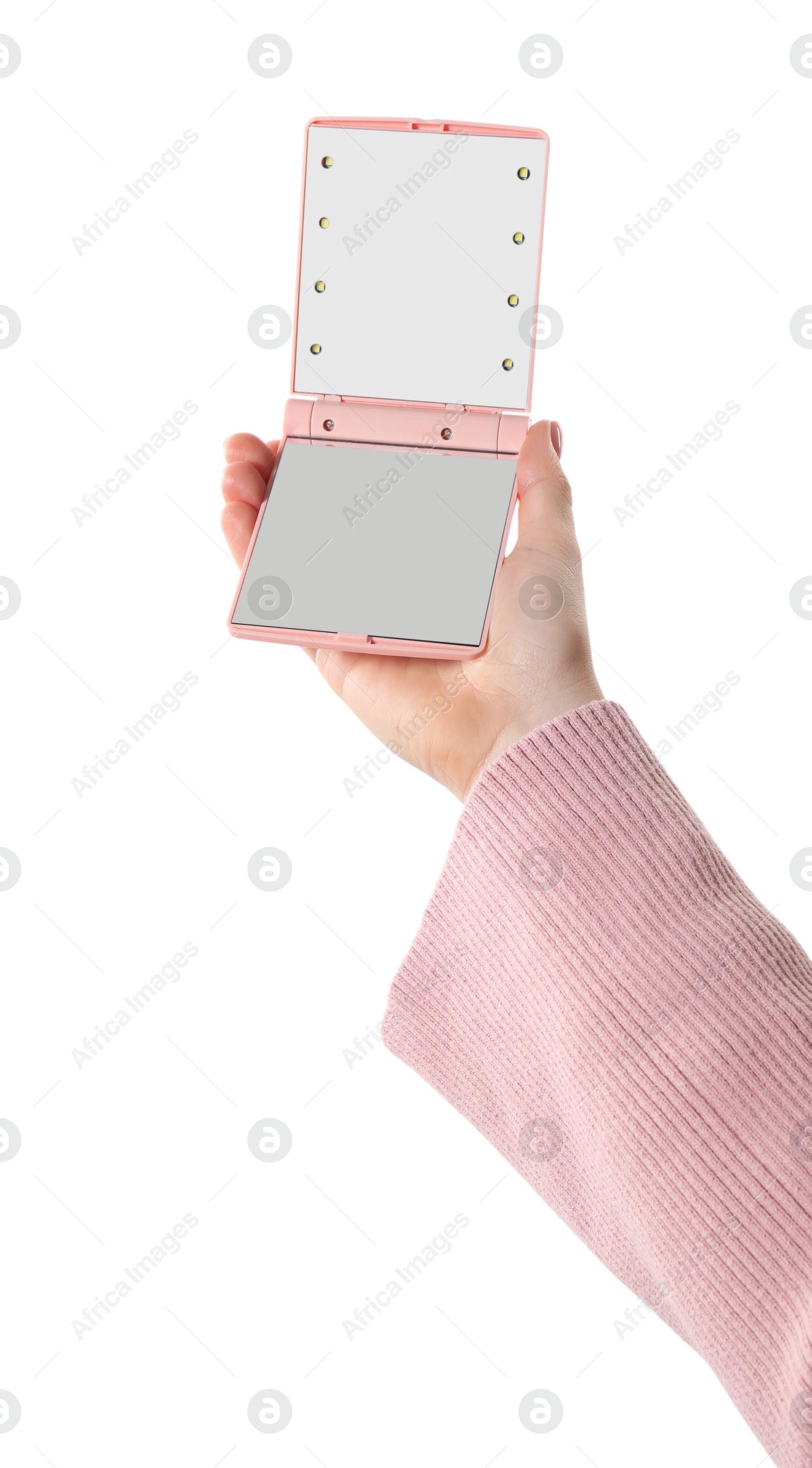 Photo of Woman holding pocket mirror on white background, closeup