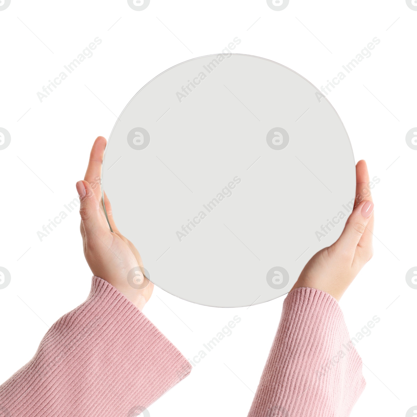 Photo of Woman holding round mirror on white background, closeup