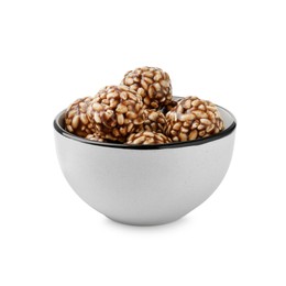 Photo of Delicious chocolate puffed rice balls in bowl isolated on white