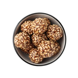 Photo of Delicious chocolate puffed rice balls in bowl isolated on white, top view