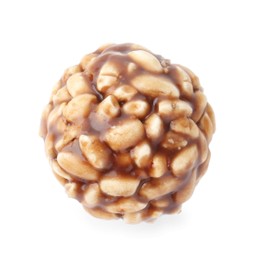 Photo of One chocolate puffed rice ball isolated on white, top view