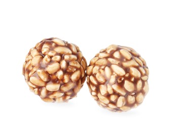 Photo of Delicious chocolate puffed rice balls isolated on white, top view