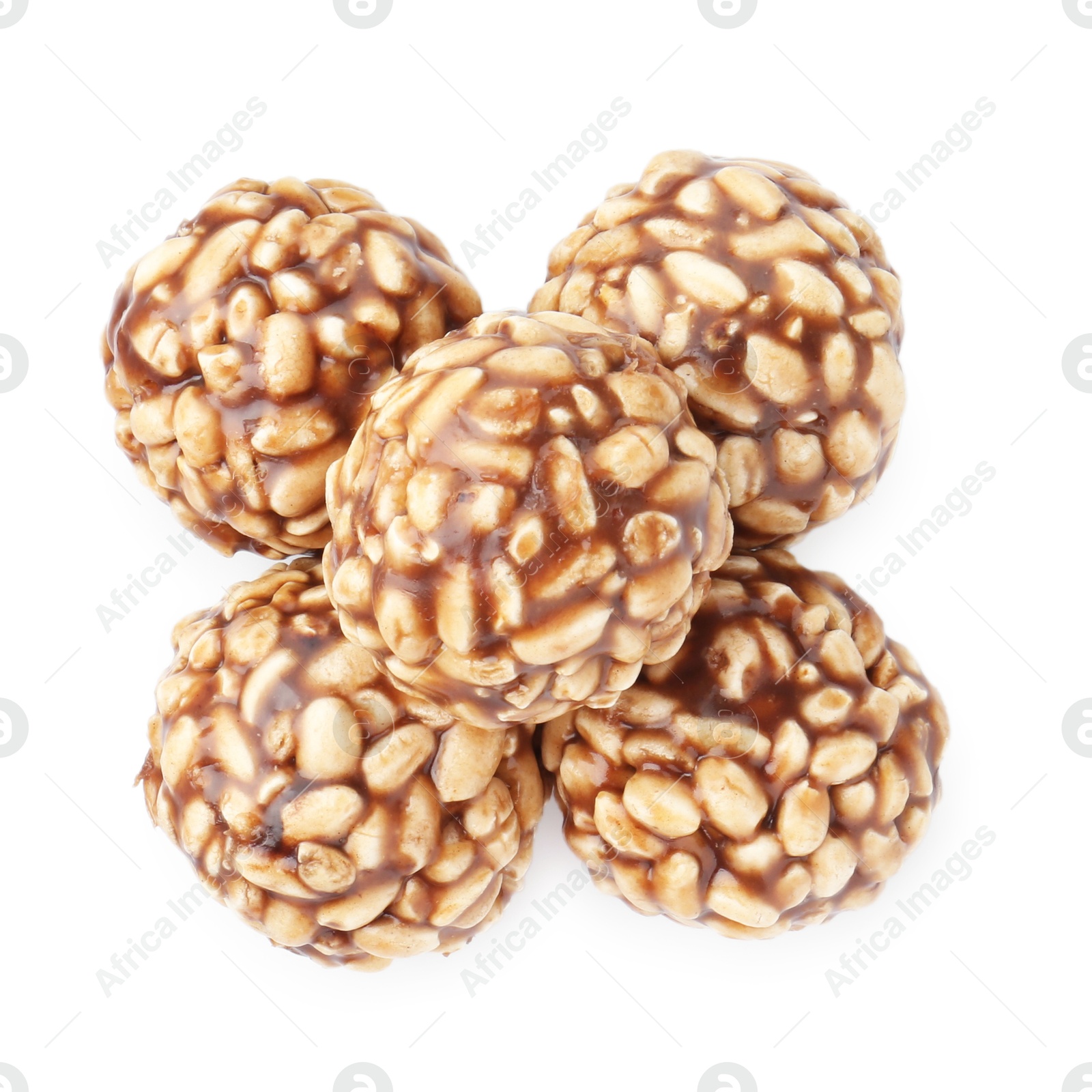 Photo of Delicious chocolate puffed rice balls isolated on white, top view