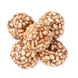 Photo of Delicious chocolate puffed rice balls isolated on white, top view