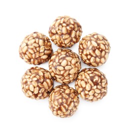 Photo of Delicious chocolate puffed rice balls isolated on white, top view