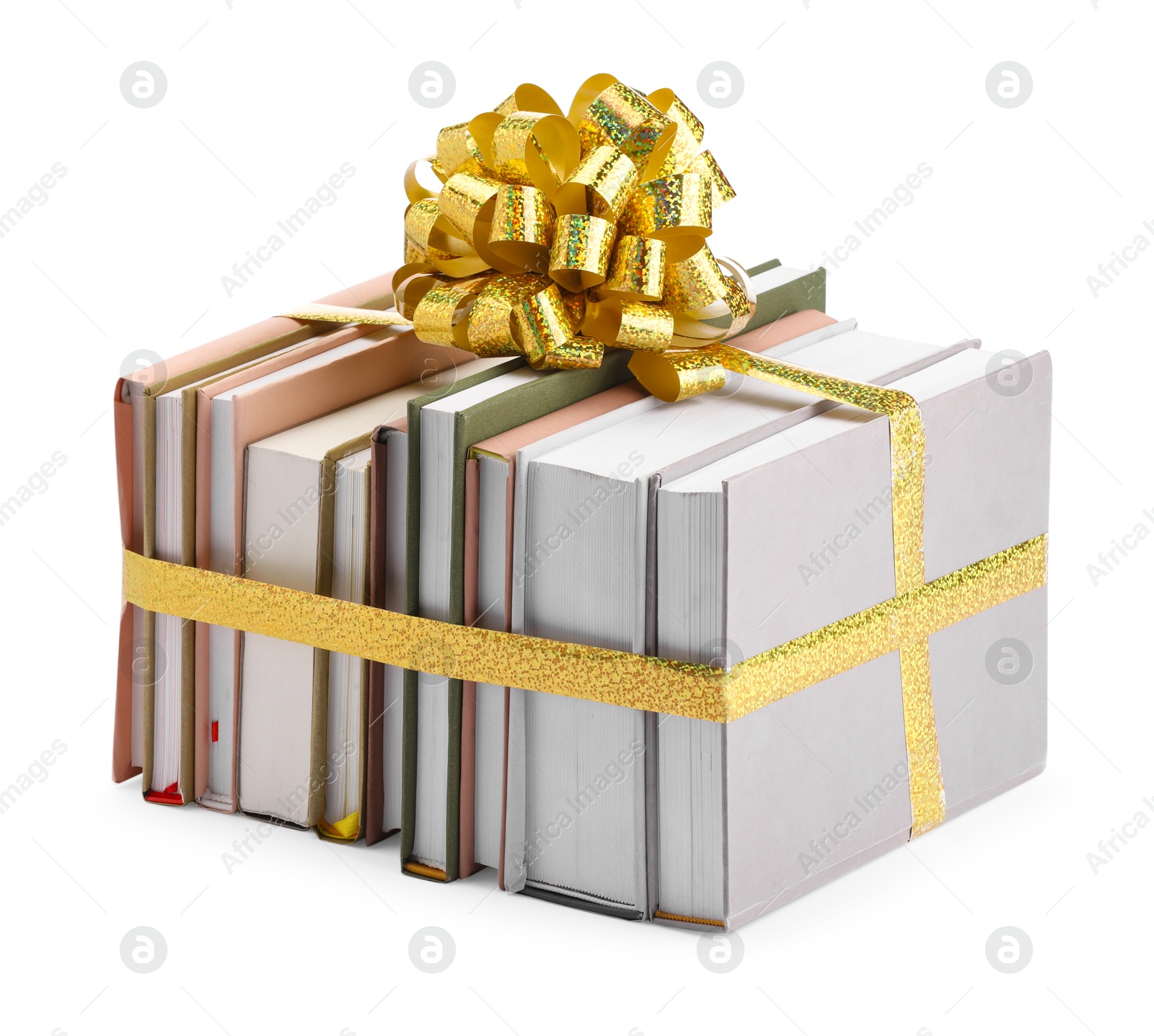 Photo of Books with golden bow as gift isolated on white