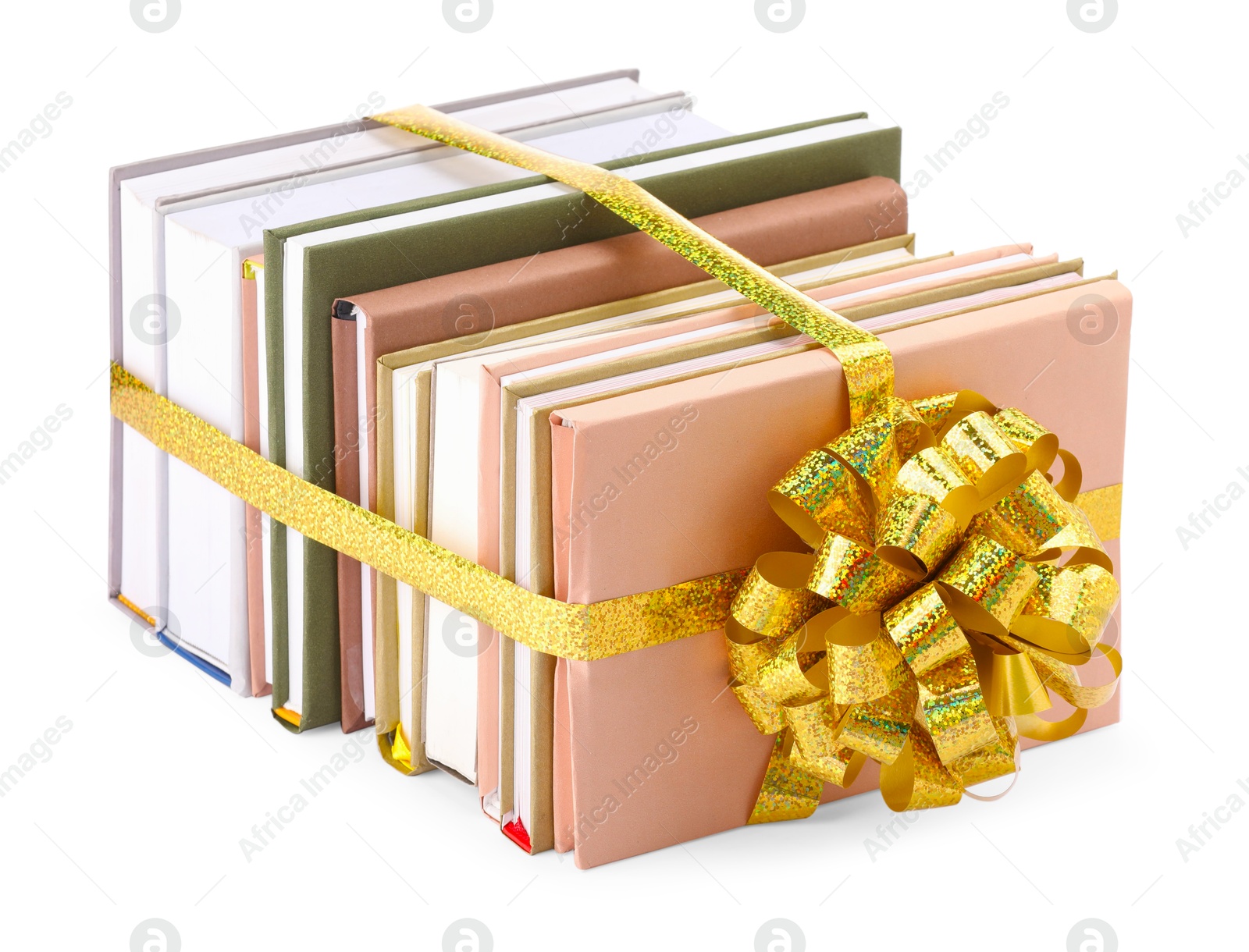 Photo of Books with golden bow as gift isolated on white