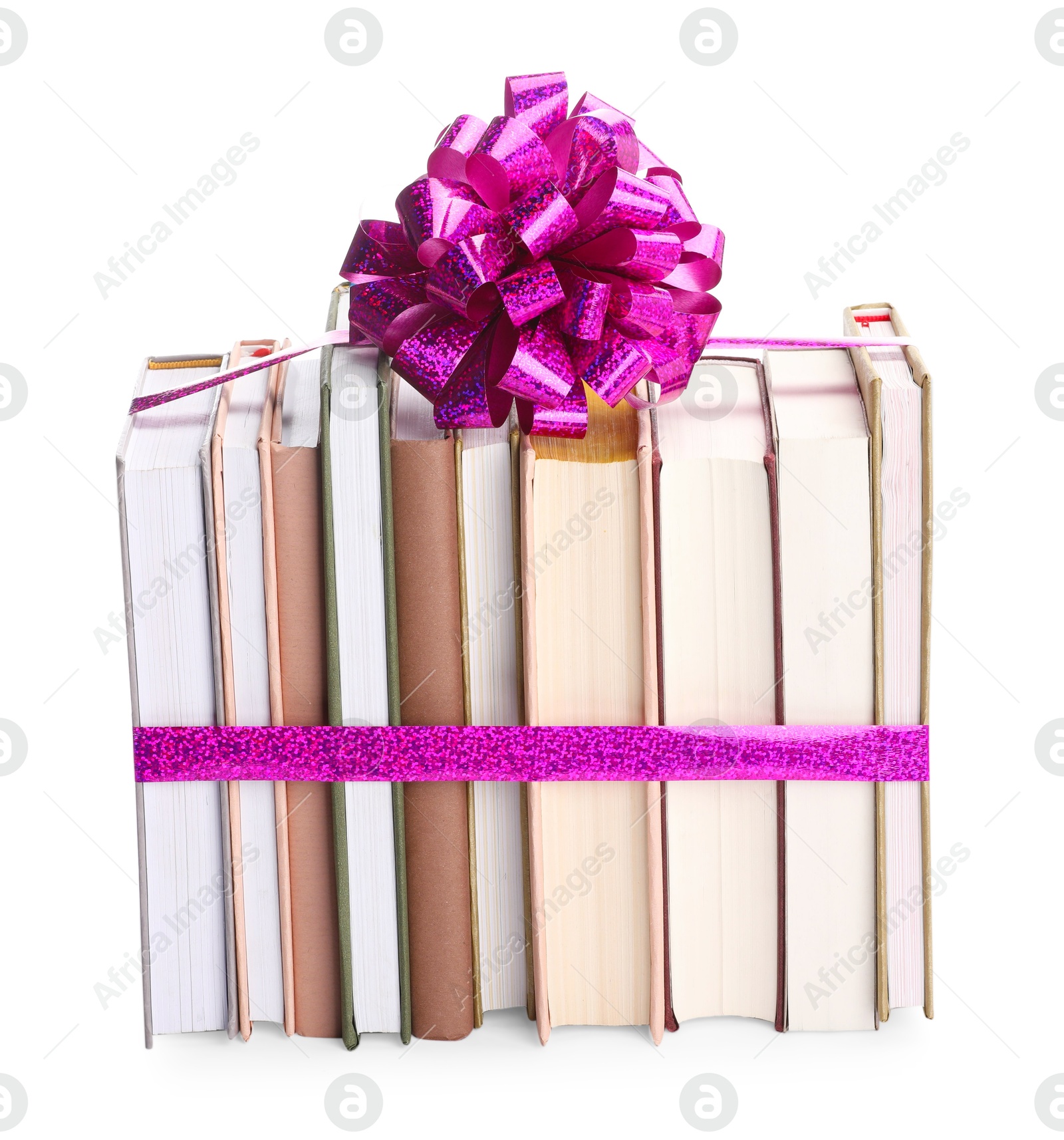 Photo of Books with purple bow as gift isolated on white