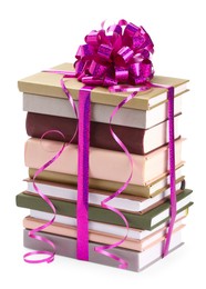 Photo of Stack of books with purple bow as gift isolated on white