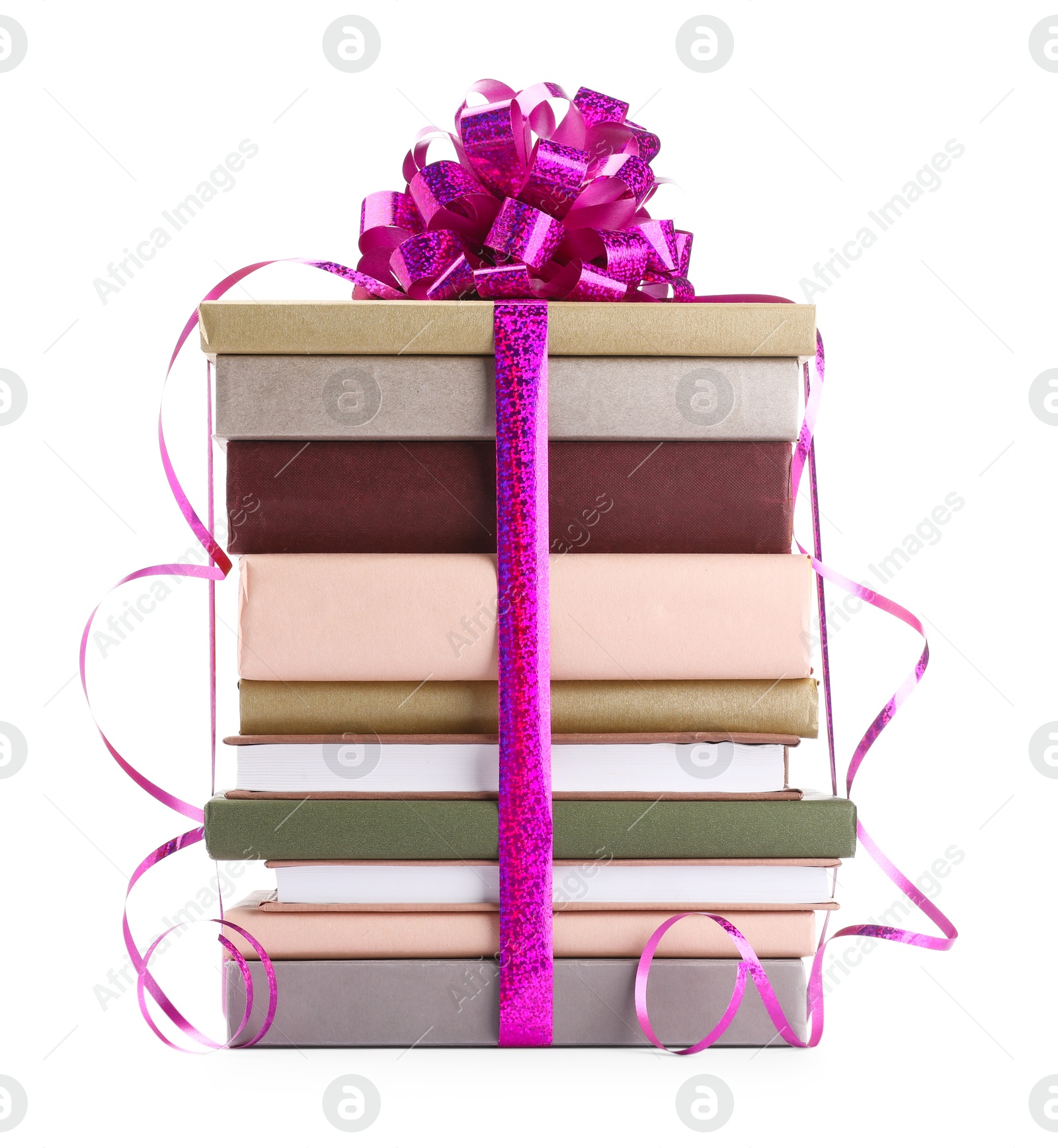 Photo of Stack of books with purple bow as gift isolated on white