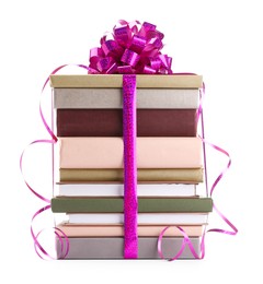 Photo of Stack of books with purple bow as gift isolated on white