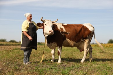 Senior woman with beautiful cow on pasture