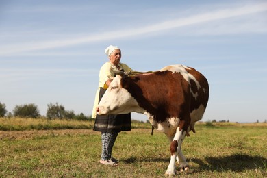 Senior woman with beautiful cow on pasture