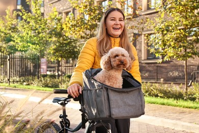 Smiling woman with bicycle and cute Toy Poodle dog in pet carrier outdoors on sunny day