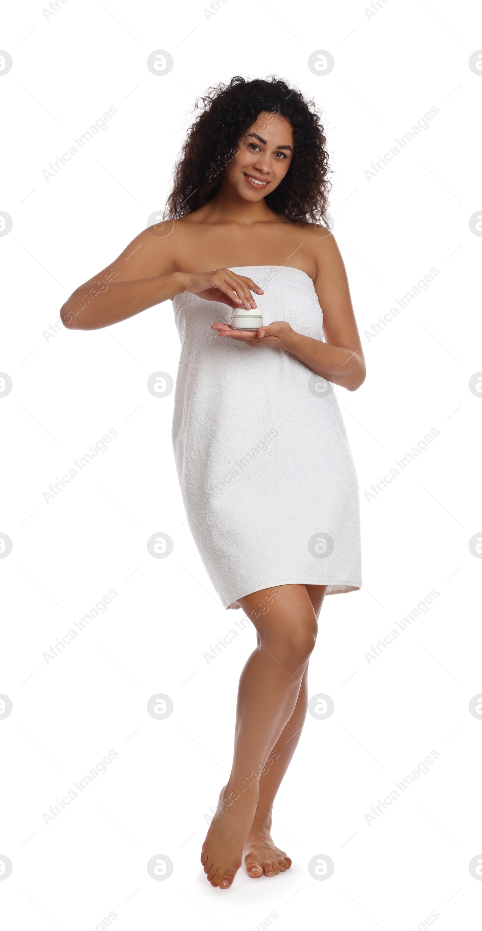 Photo of Beautiful woman with jar of cream on white background