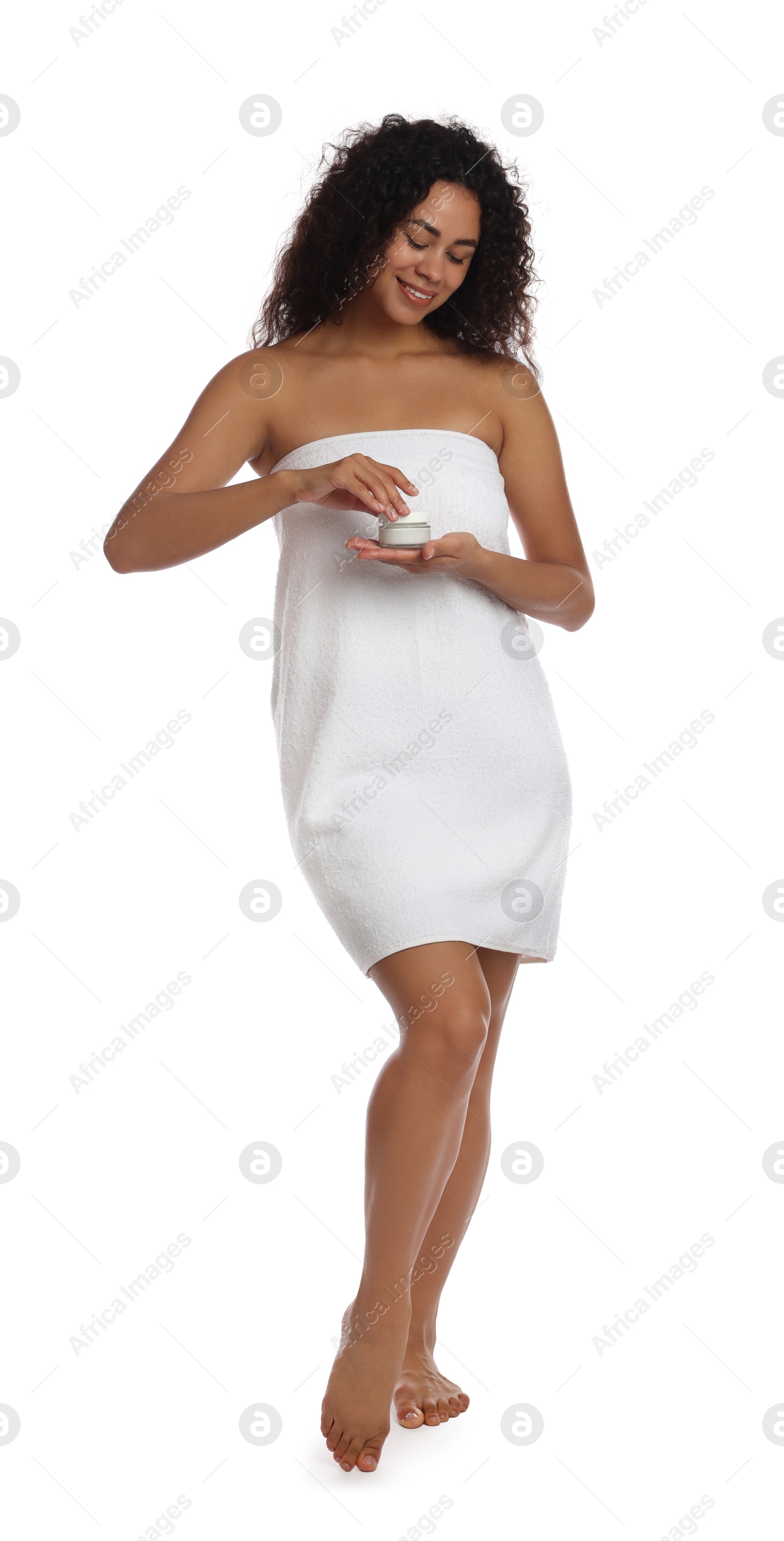 Photo of Beautiful woman with jar of cream on white background