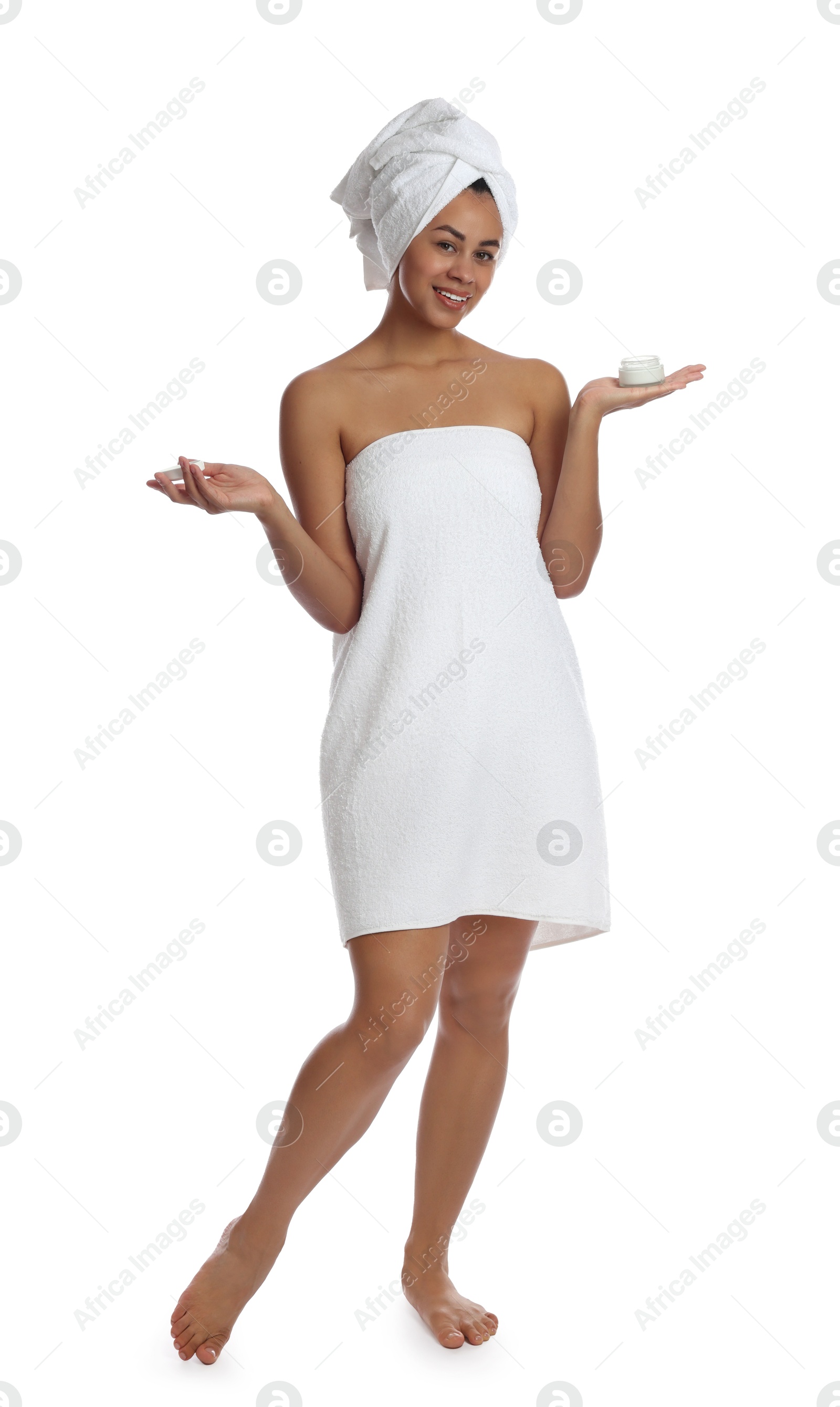 Photo of Beautiful woman with jar of cream on white background