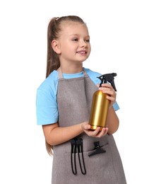 Photo of Little girl with sprayer pretending to be hairdresser on white background. Dreaming of future profession