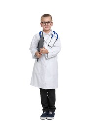 Photo of Little girl with stethoscope and clipboard pretending to be doctor on white background. Dreaming of future profession