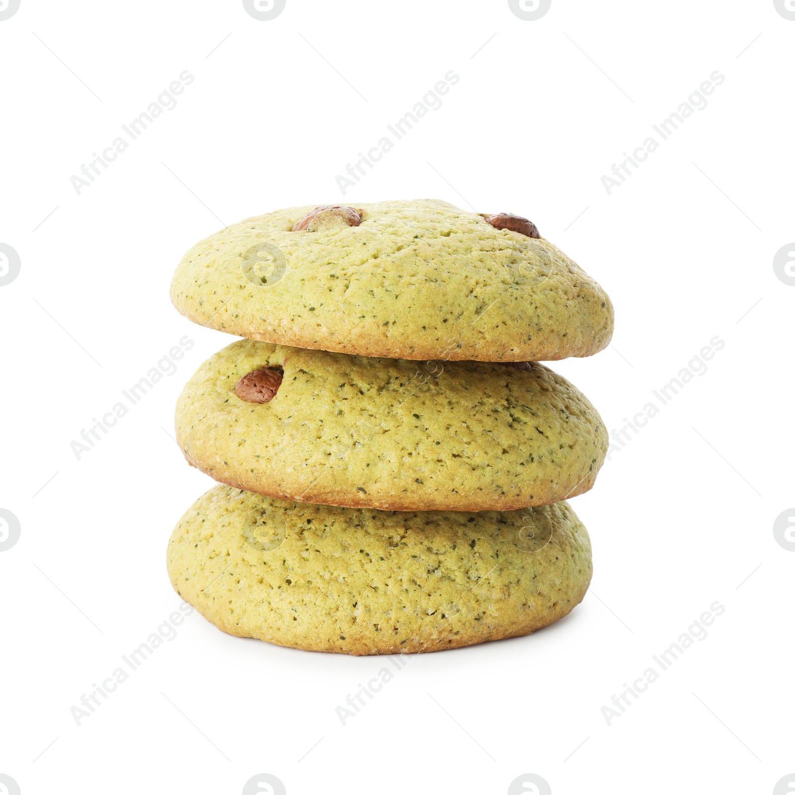 Photo of Stack of delicious mint chocolate chip cookies isolated on white