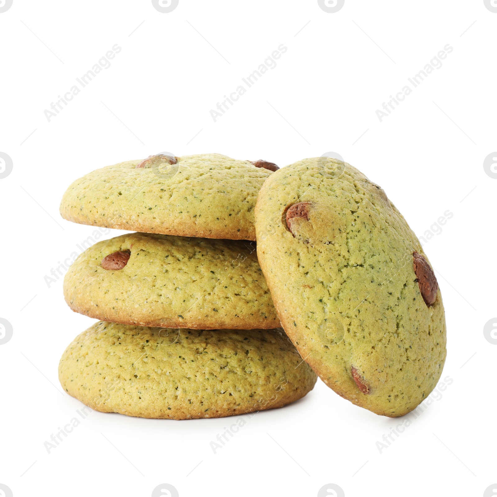 Photo of Delicious mint chocolate chip cookies isolated on white